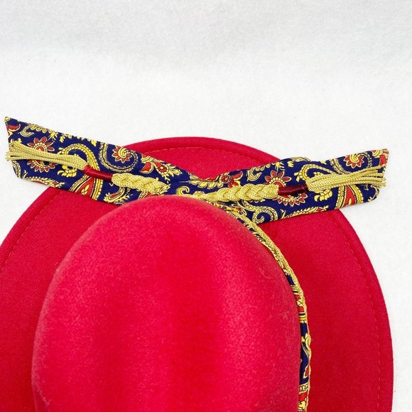 Custom Red Fedora with Gold Braid & Paisley Scarf Detail NWT